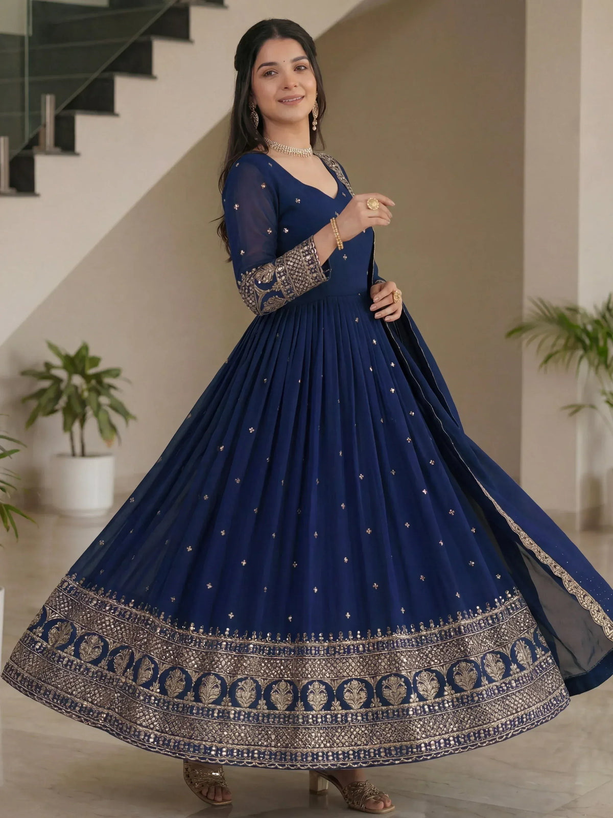 Navy blue designer anarkali with gold embroidery, perfect for Indian ethnic wear occasions