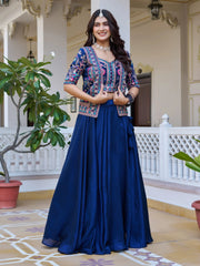 Lovely Blue Embroidered Silk Wedding Wear Lehenga Choli With Jacket