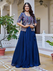 Lovely Blue Embroidered Silk Wedding Wear Lehenga Choli With Jacket