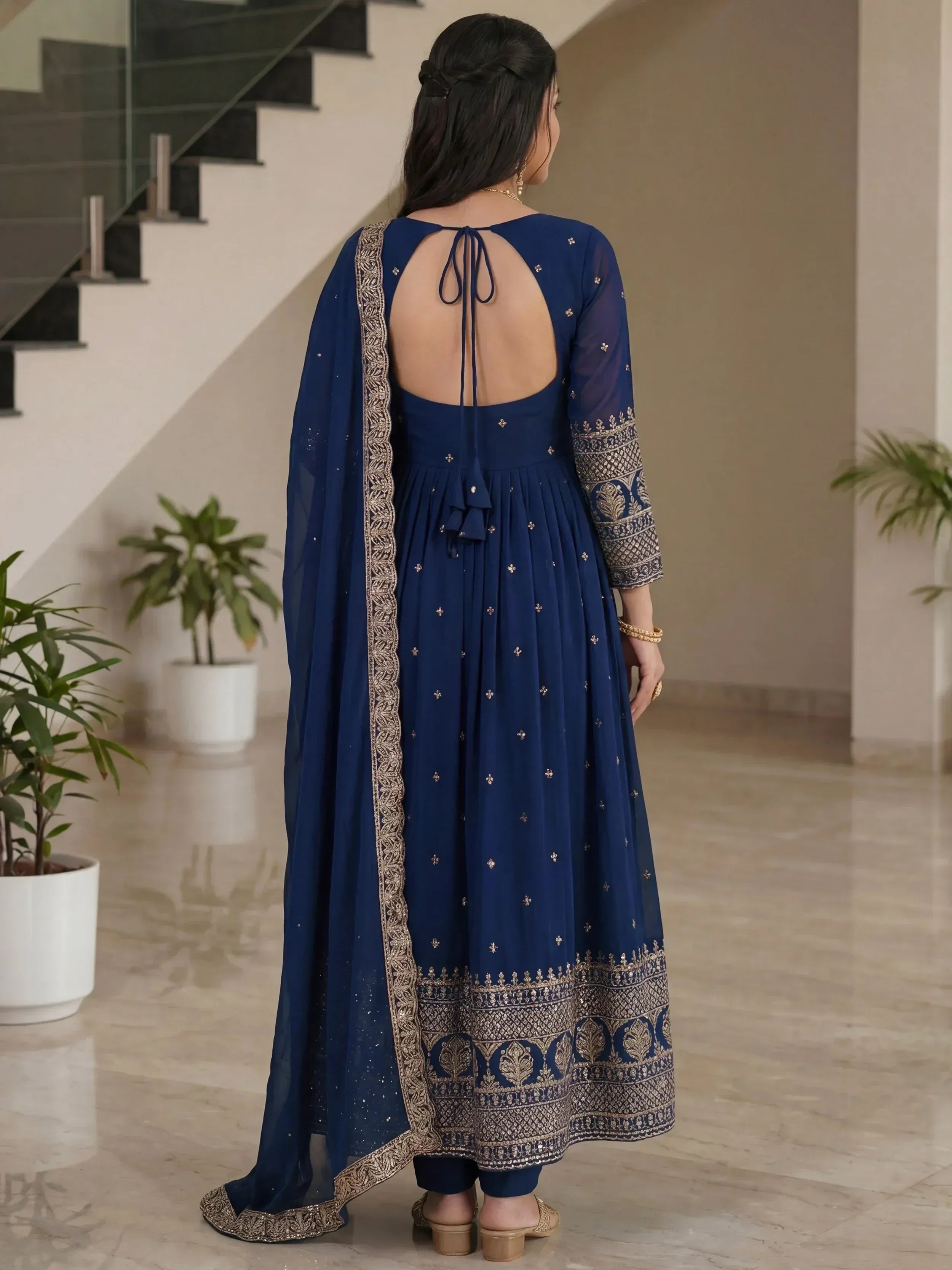 Navy blue anarkali with gold embroidery, back tie, and matching dupatta for Indian ethnic wear