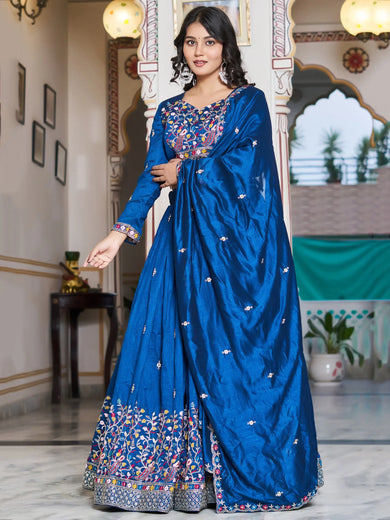 Stunning Blue Thread Embroidered Silk Festive Wear Lehenga Choli