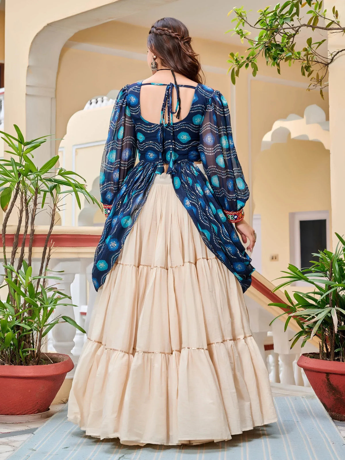Blue printed blouse with back tie & cream tiered skirt, Indian ethnic wear