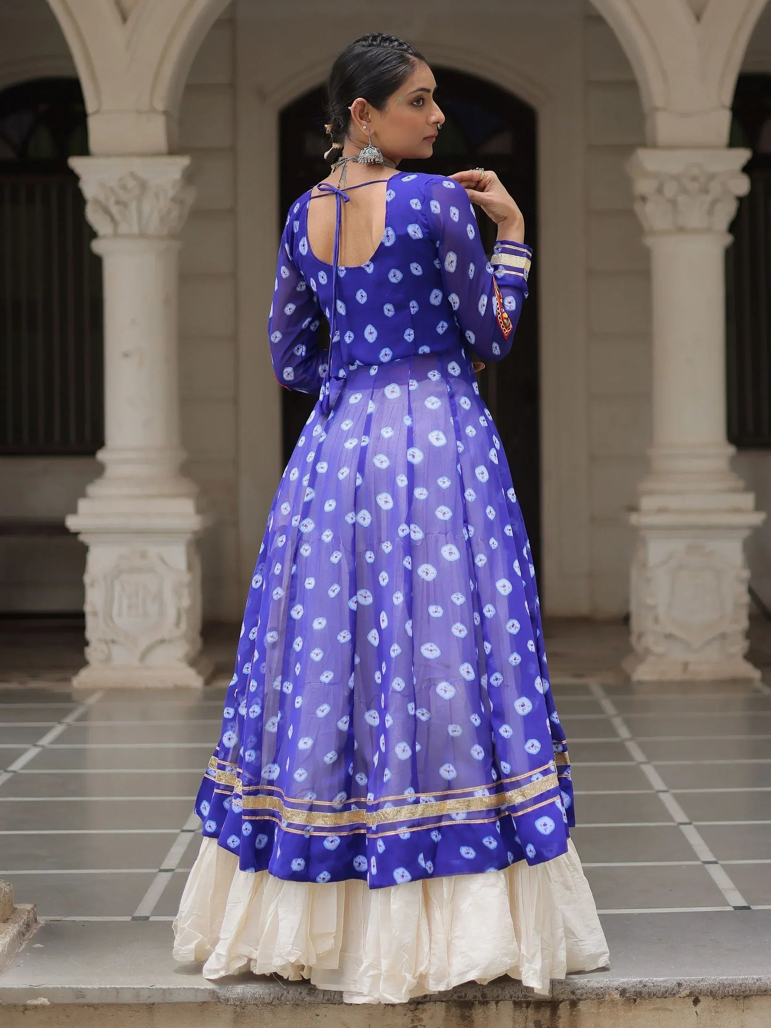 Blue printed anarkali with gold trim, back view, ethnic wear for women