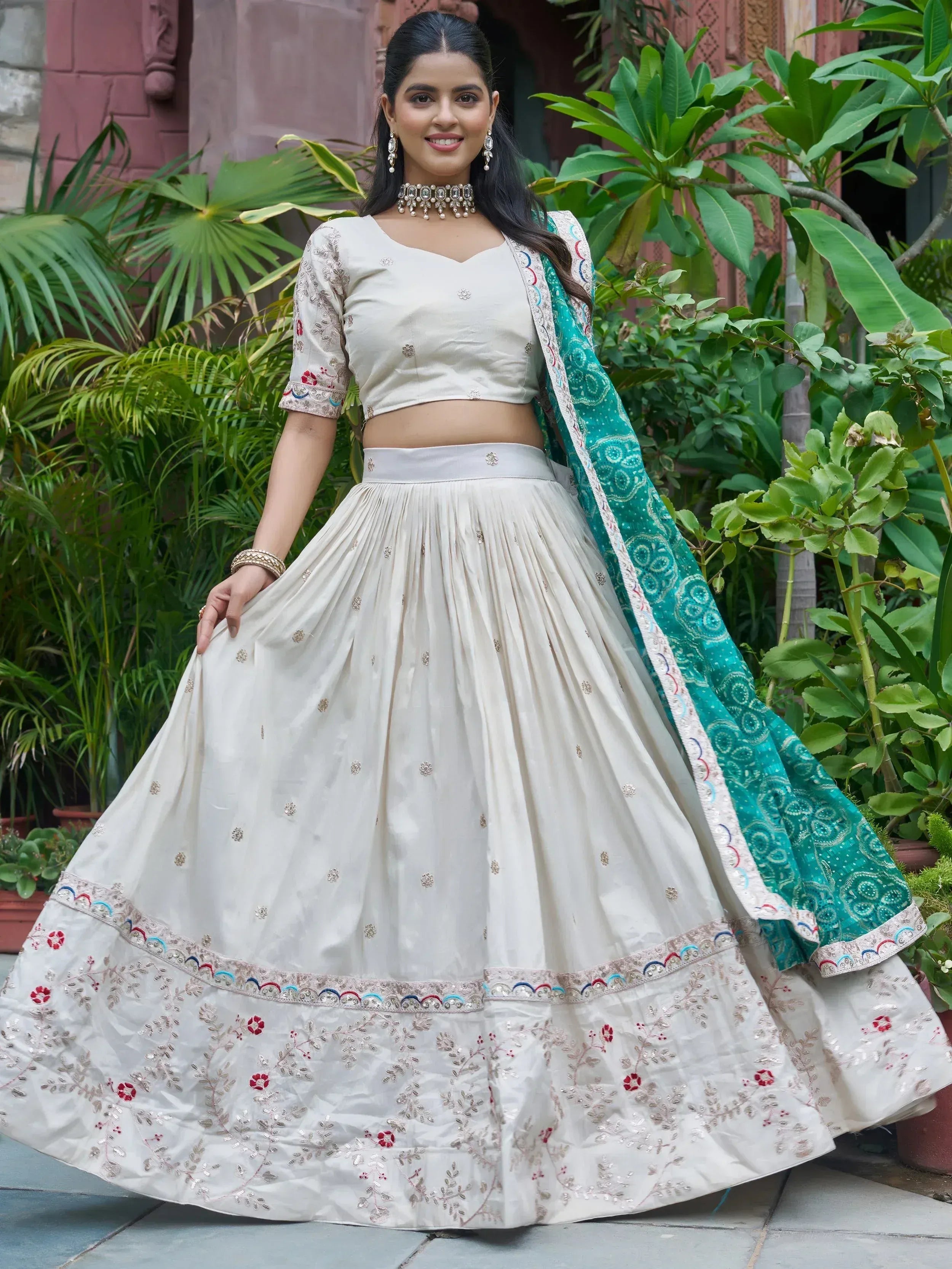 Attractive White Sequins Silk Lehenga Choli With Blue Dupatta