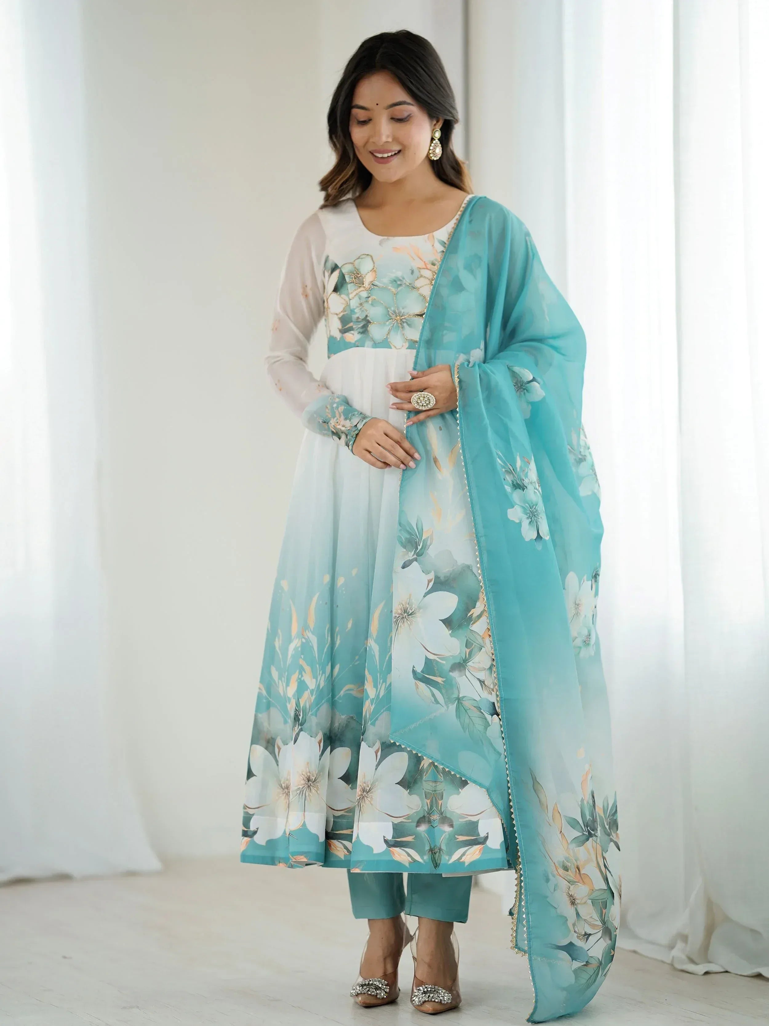 Floral print Indian ethnic anarkali suit with dupatta, perfect for festive occasions and weddings