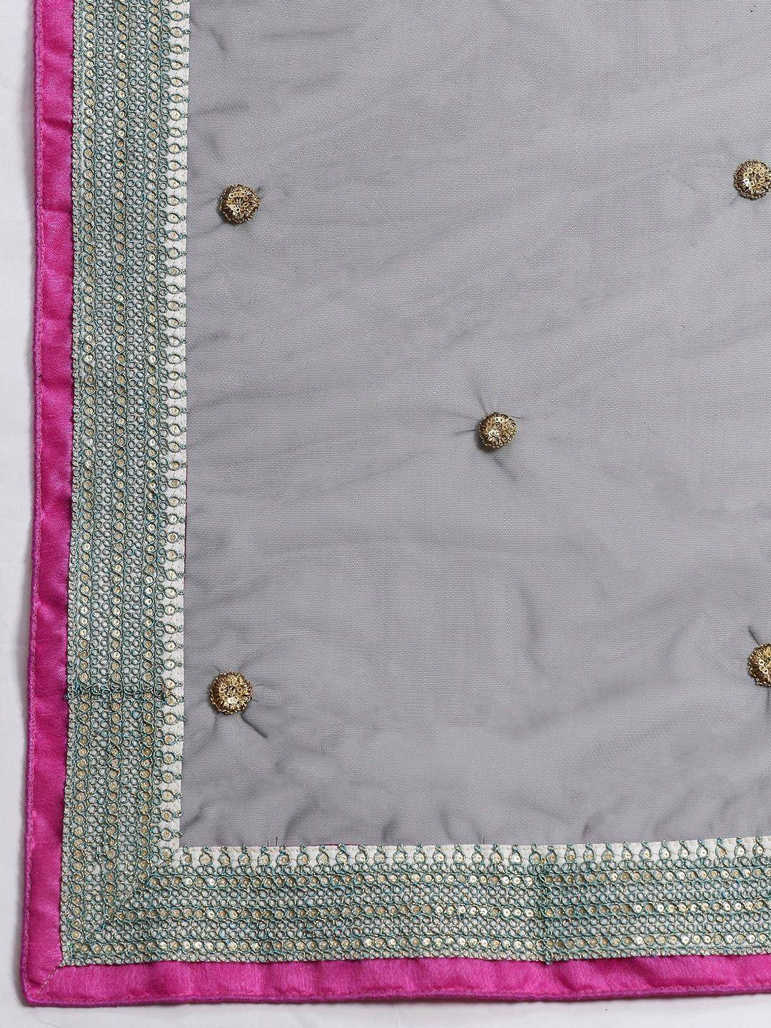 Grey dupatta with pink border, gold sequin embroidery, and decorative buttons for ethnic wear