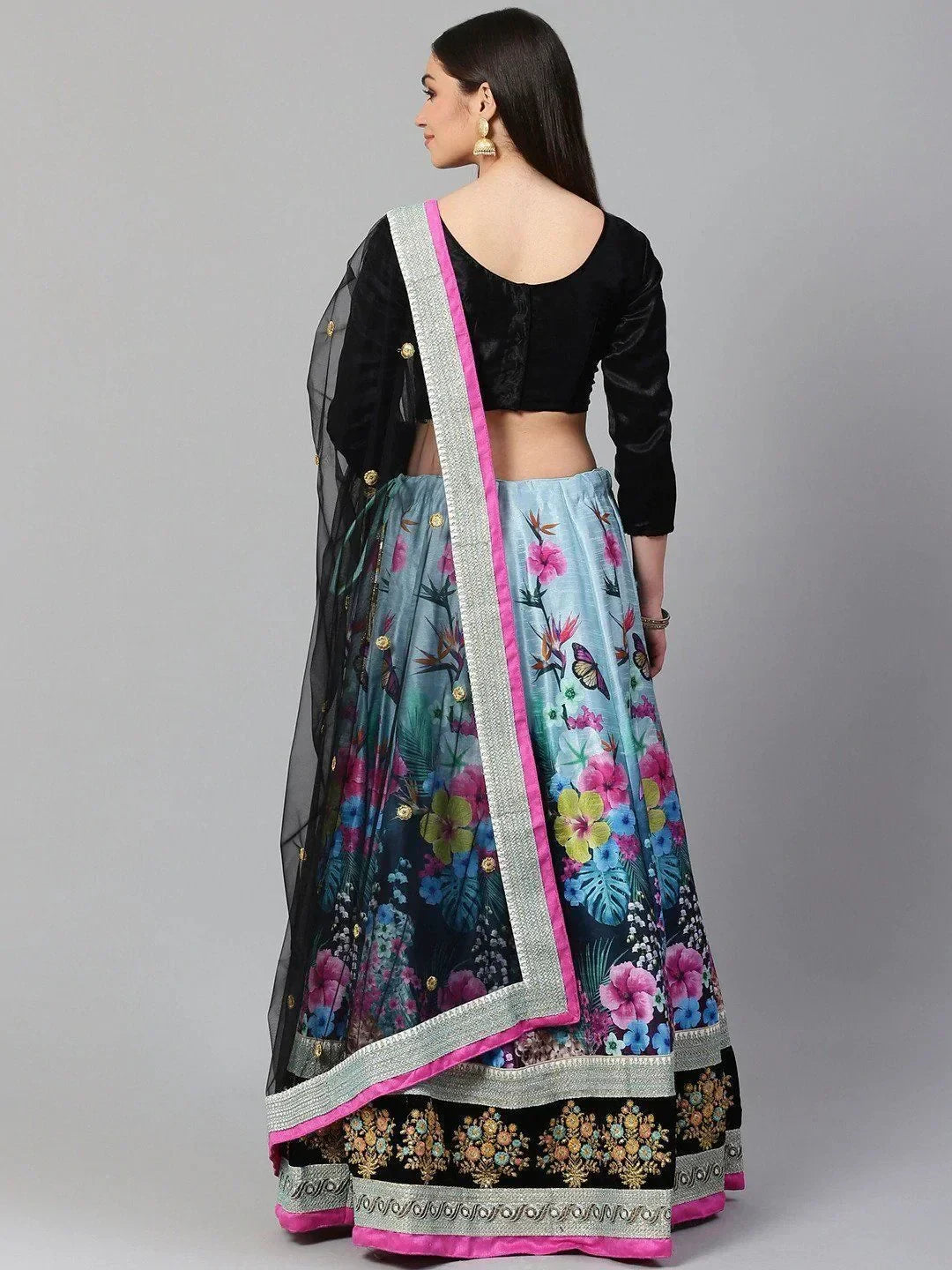 Blue & Black Solid Semi-Stitched Myntra Lehenga & Unstitched Blouse with Dupatta