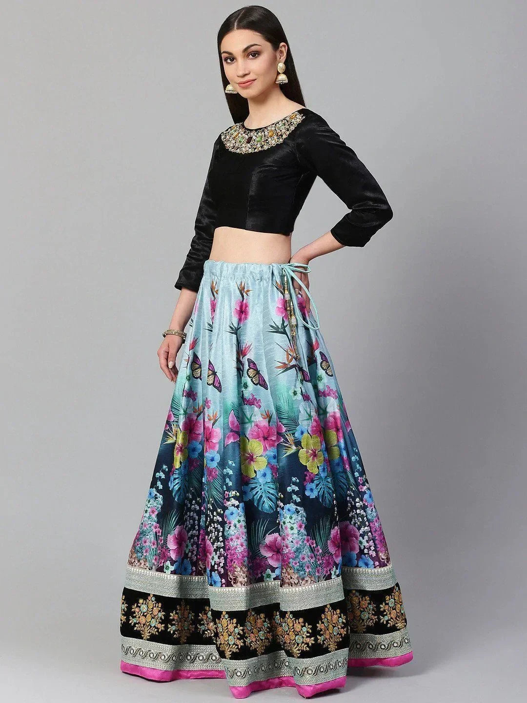 Blue & Black Solid Semi-Stitched Myntra Lehenga & Unstitched Blouse with Dupatta