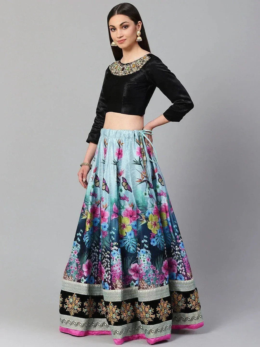 Floral print lehenga with black velvet blouse, ethnic wear for women