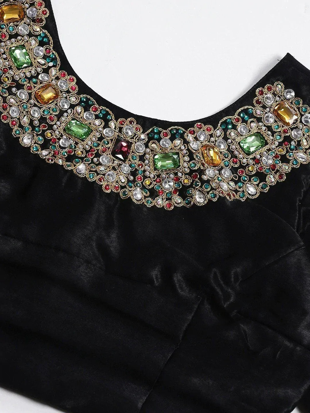 Black velvet blouse with colorful stone embroidery, perfect for Indian ethnic wear and designer lehenga choli.