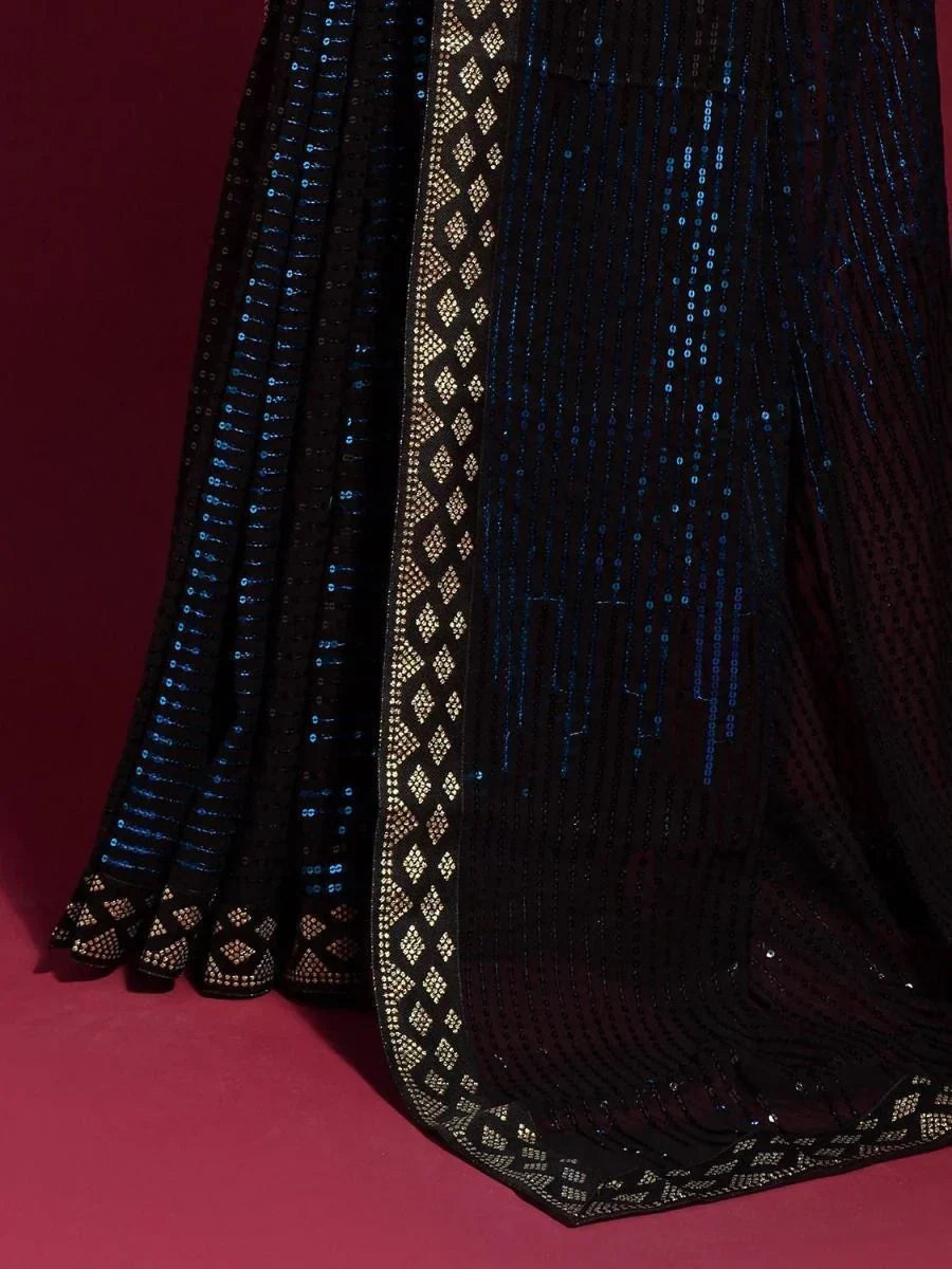 Glowing Black Georgette Modern Sequins Work Event Wear Saree
