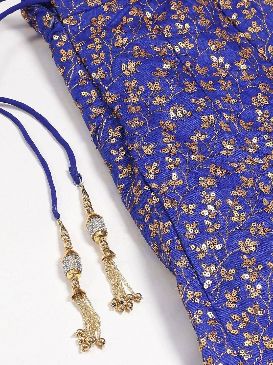 Royal blue ethnic top with gold sequin embroidery and tassel drawstrings
