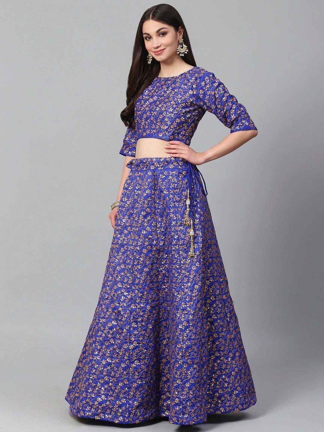 Royal blue floral lehenga choli with gold embroidery, perfect for Indian ethnic occasions