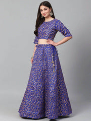 Blue & Golden Semi-Stitched Myntra Party Wer Lehenga & Unstitched Blouse with Dupatta