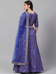 Blue & Golden Semi-Stitched Myntra Party Wer Lehenga & Unstitched Blouse with Dupatta