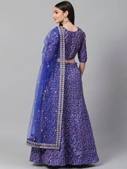 Blue & Golden Semi-Stitched Myntra Party Wer Lehenga & Unstitched Blouse with Dupatta