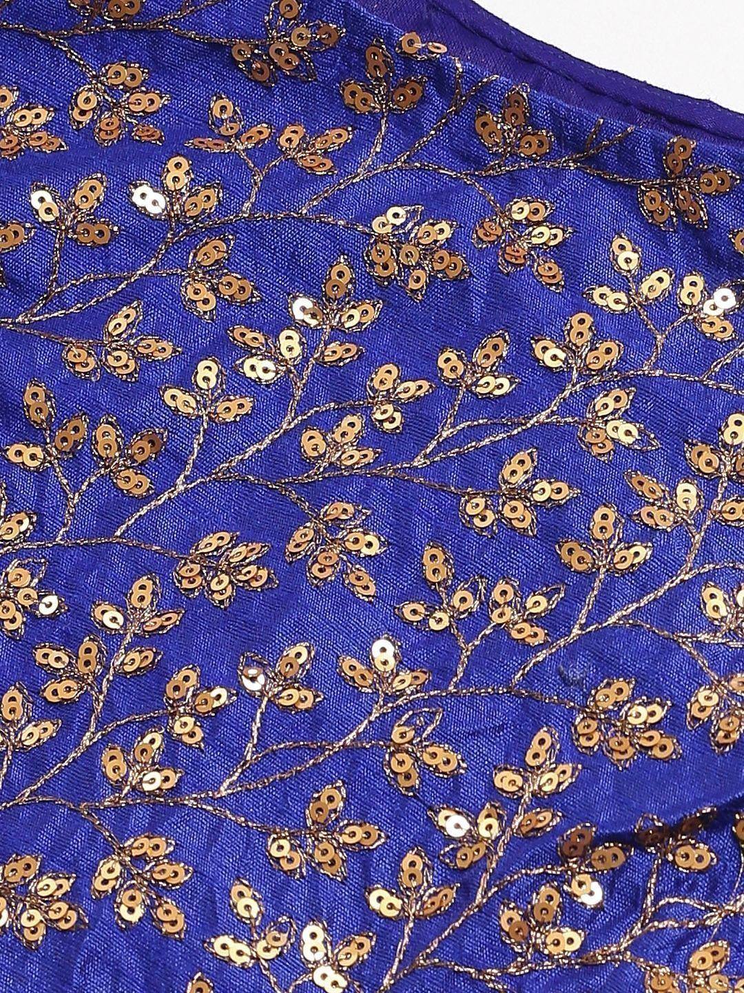 Blue ethnic wear with gold sequin floral embroidery, perfect for Indian designer lehenga or saree
