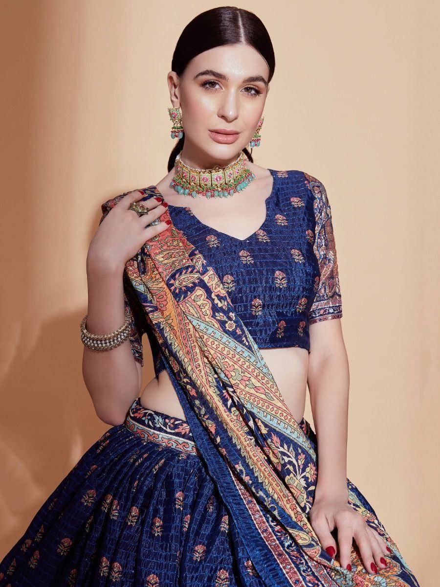 Blue printed lehenga choli with colorful dupatta, ethnic Indian wear for women