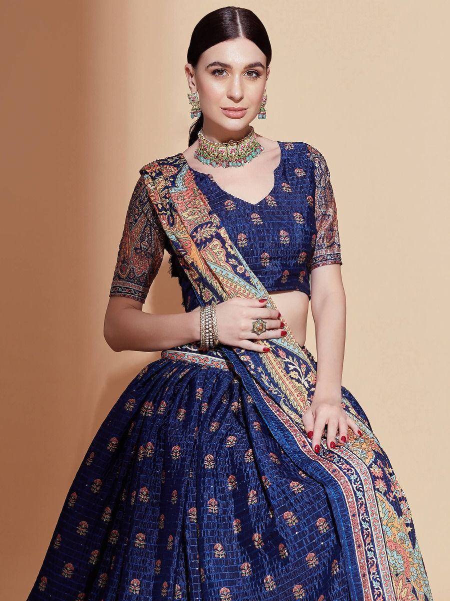 Blue designer lehenga choli with floral print and embroidered dupatta, perfect for Indian ethnic occasions