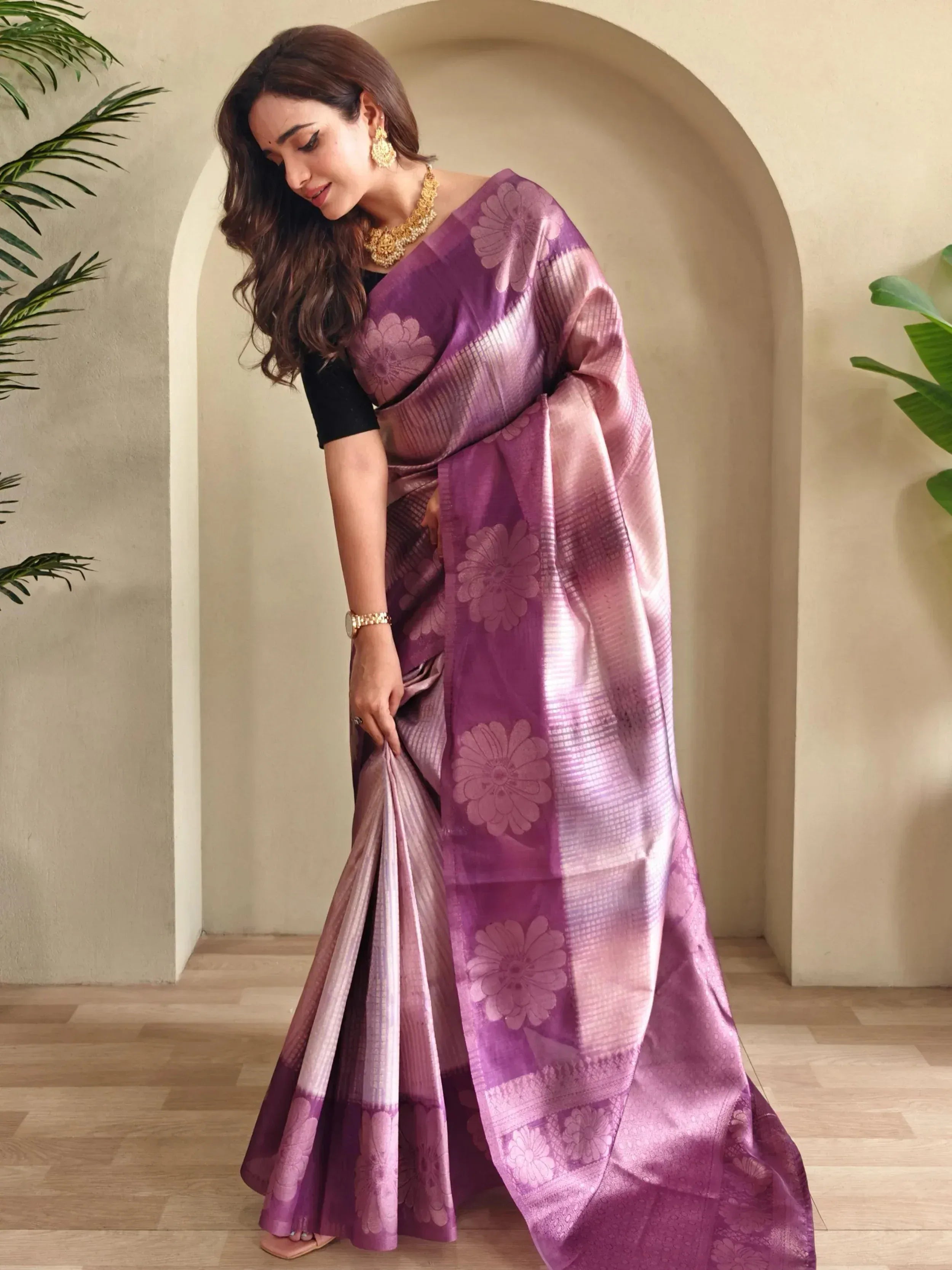 Purple floral saree with gold jewelry, Indian ethnic wear for women