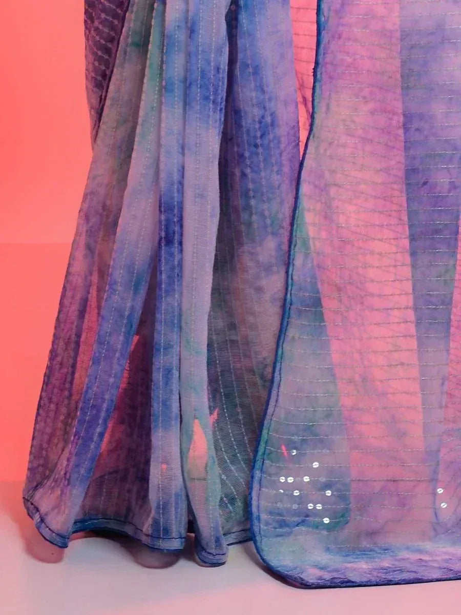 Purple blue tie-dye ethnic gown with sequin details and sheer fabric, perfect for Indian occasions