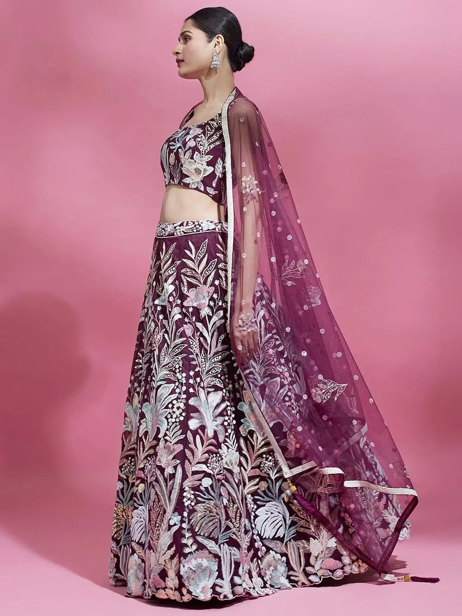 Purple floral embroidered lehenga choli with sheer dupatta, Indian ethnic wear for weddings and events
