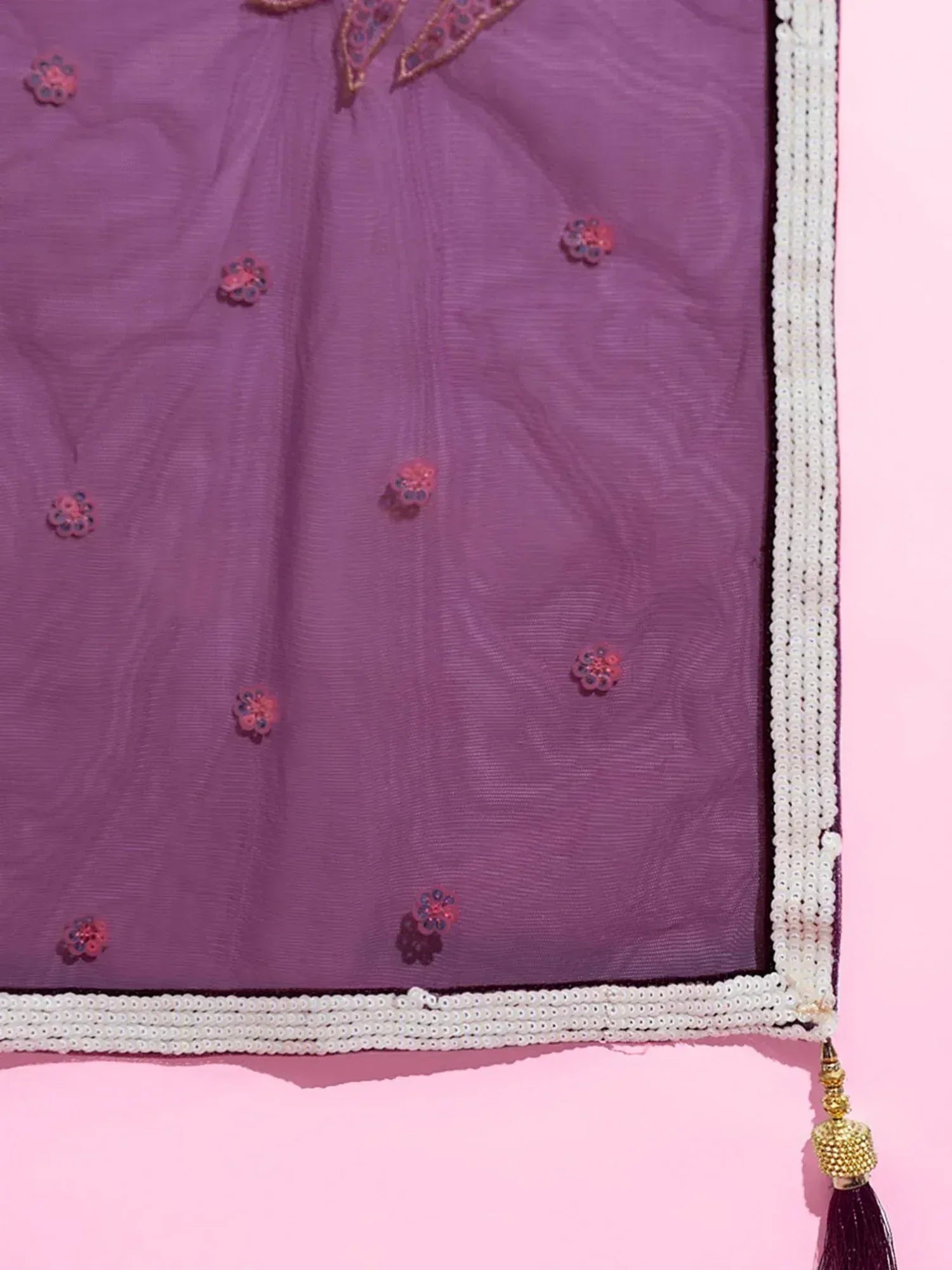 Purple ethnic dupatta with floral embroidery, pearl border, and tassel detail