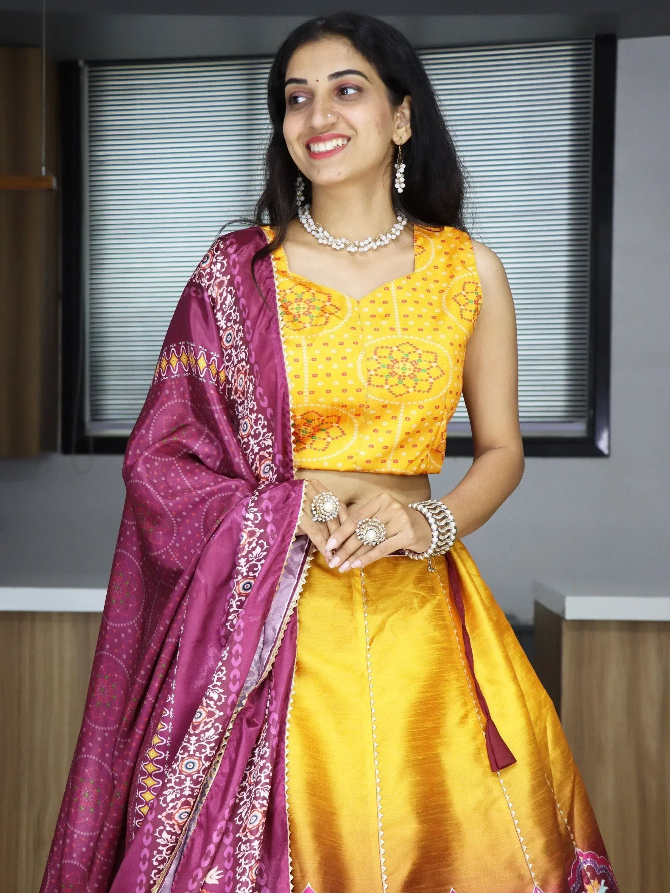 Yellow lehenga choli with purple dupatta, ethnic Indian wear for women