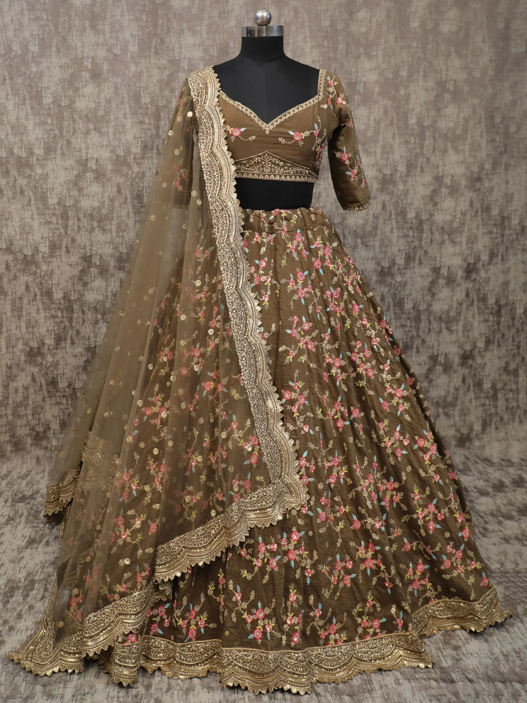 Brown floral embroidered lehenga choli with gold detailing and sheer dupatta, Indian ethnic wear