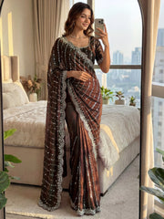 Outstanding Brown Sequins Satin Engagement Wear Saree With Blouse