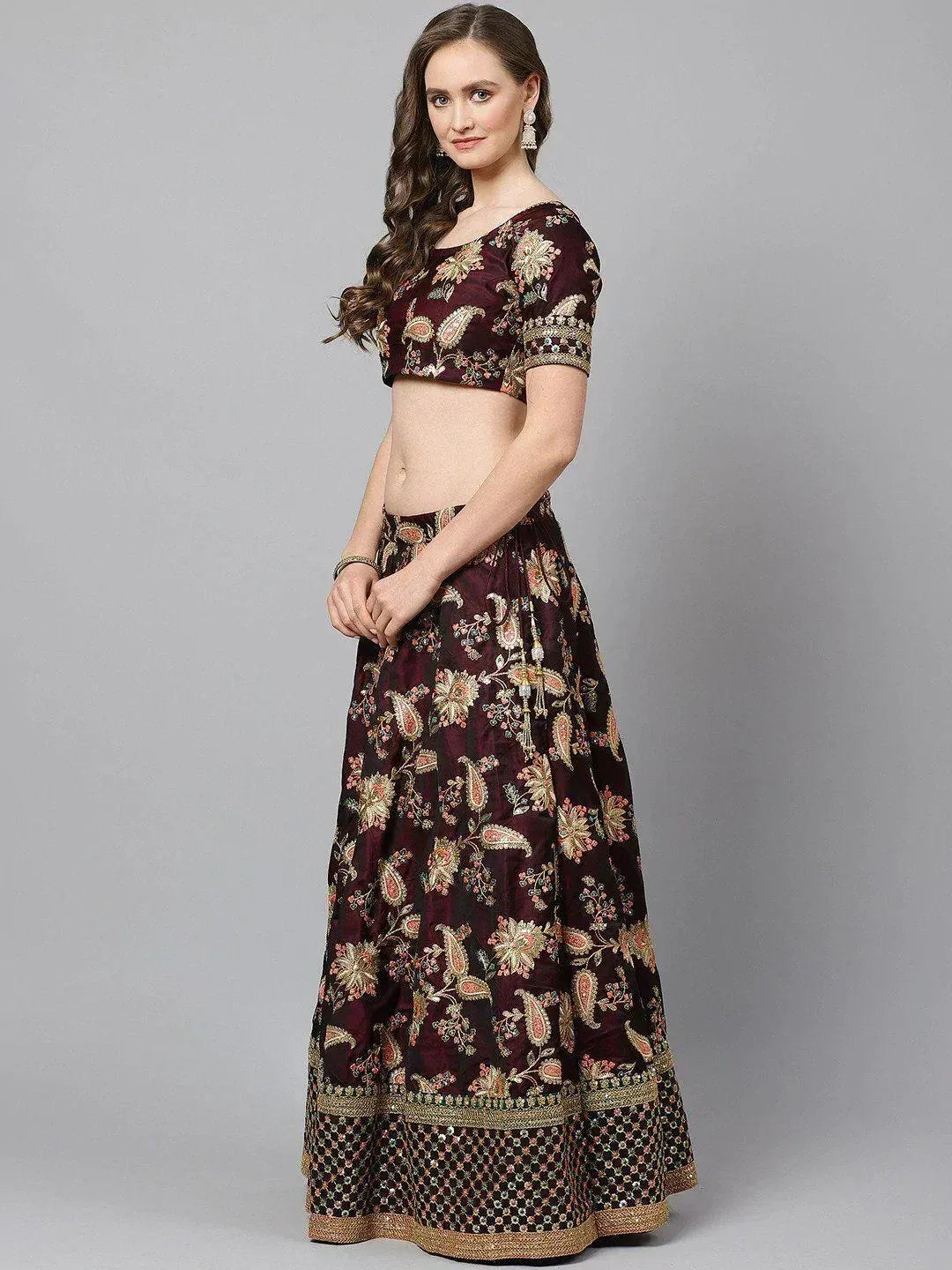 Maroon floral lehenga choli with gold embroidery, perfect for Indian ethnic wear occasions