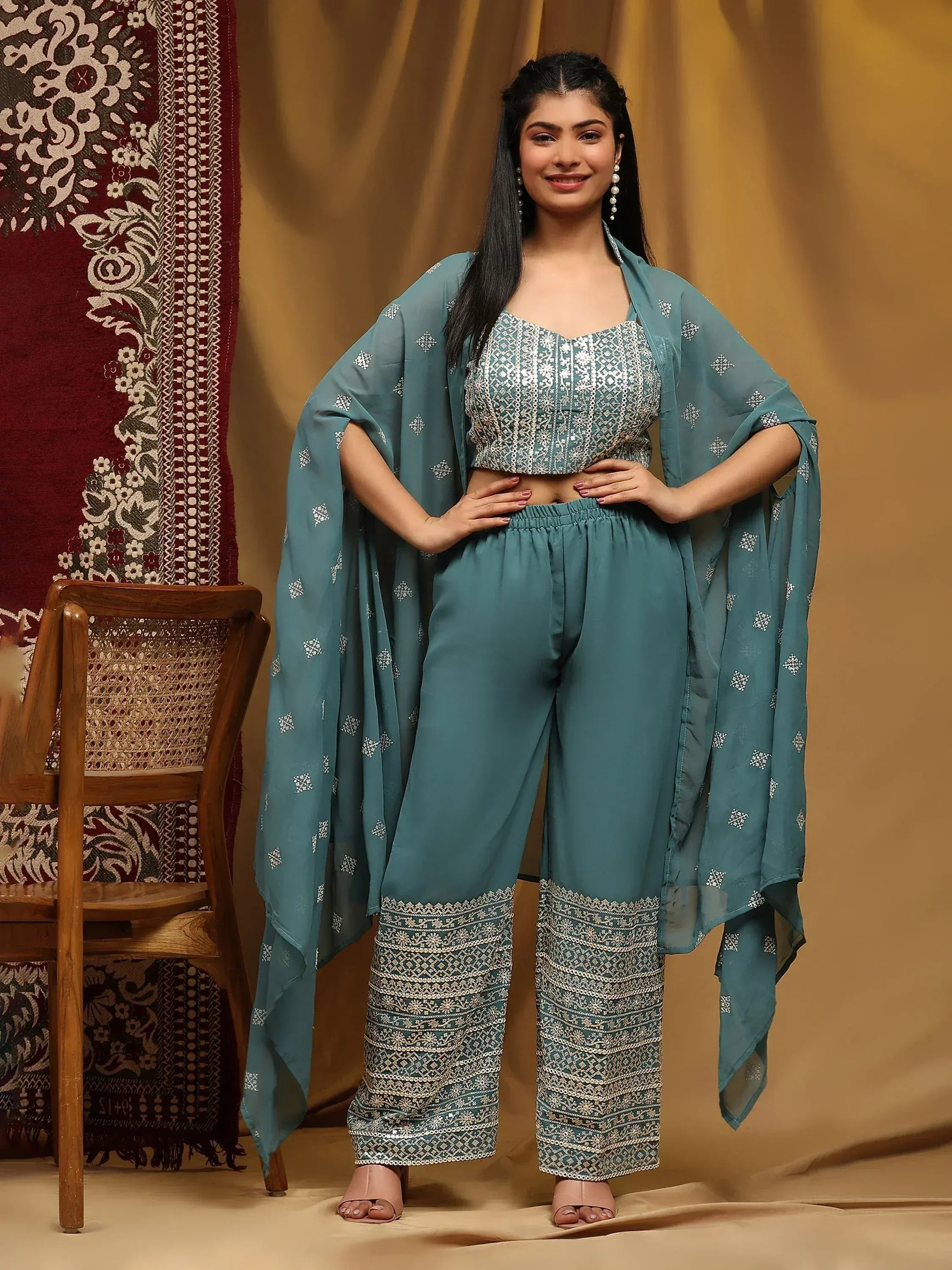 Teal embroidered palazzo set with crop top and dupatta, Indian ethnic wear
