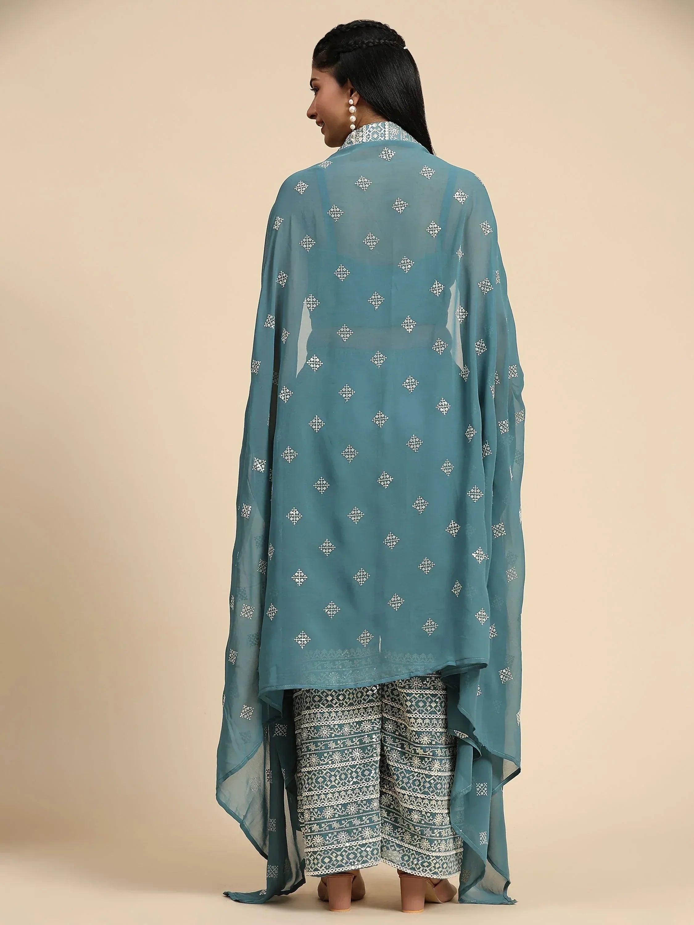 Teal embroidered salwar kameez with sheer dupatta, Indian ethnic wear for women