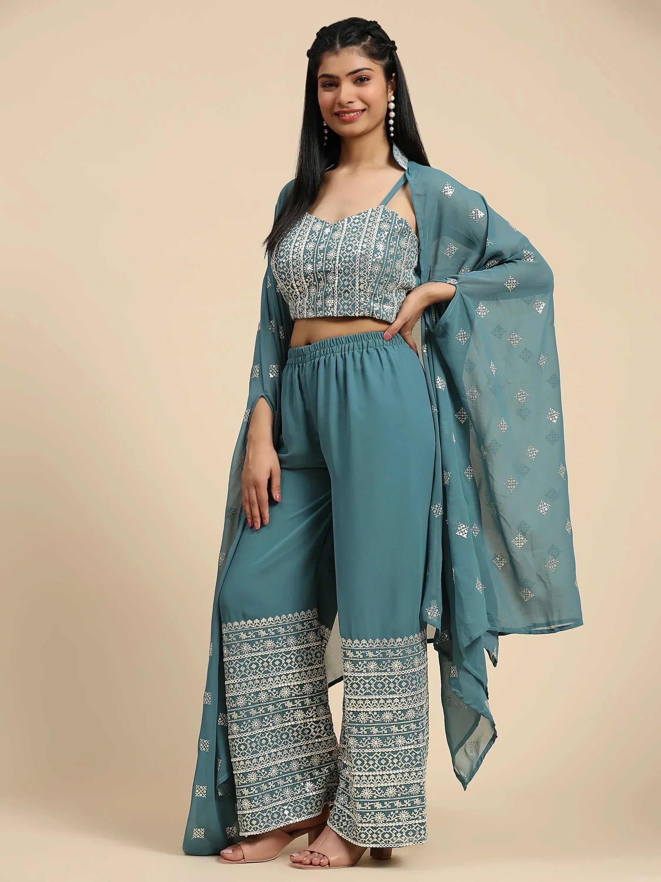 Teal ethnic palazzo set with embroidered crop top and dupatta, perfect for Indian festive wear