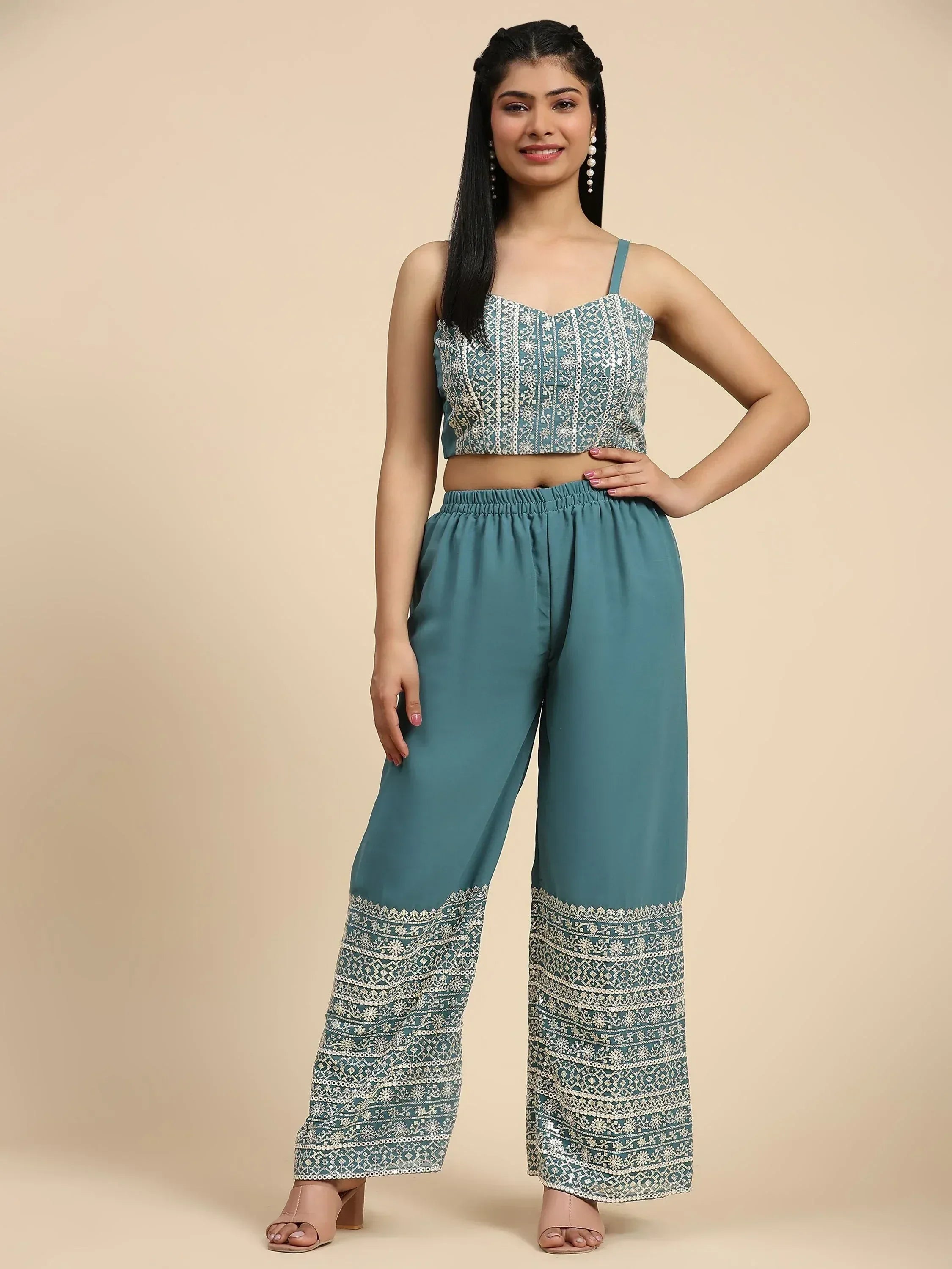 Teal ethnic palazzo set with embroidered crop top and wide-leg pants for women