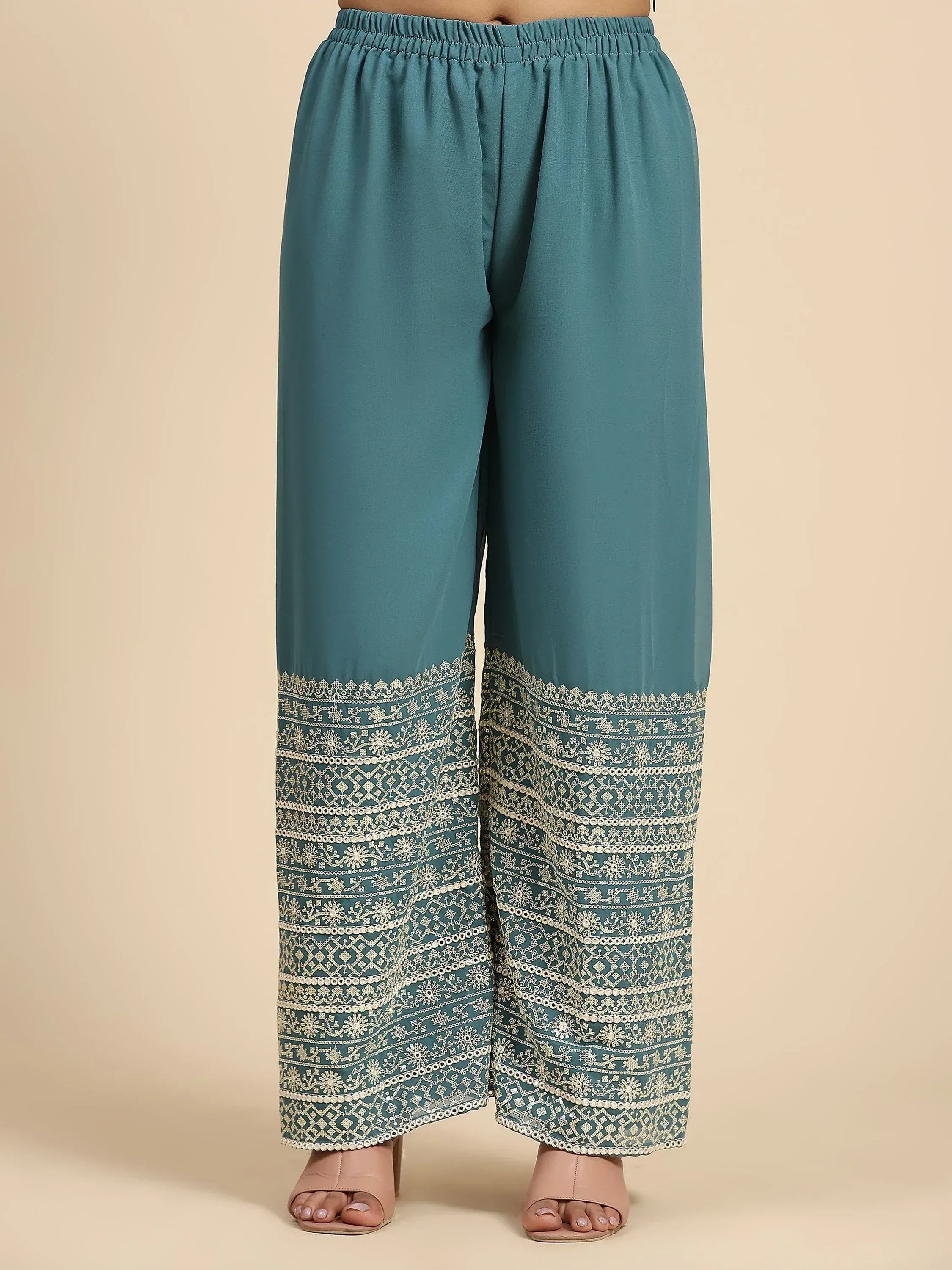 Teal wide-leg ethnic pants with gold embroidery, perfect for Indian wear and salwar kameez outfits