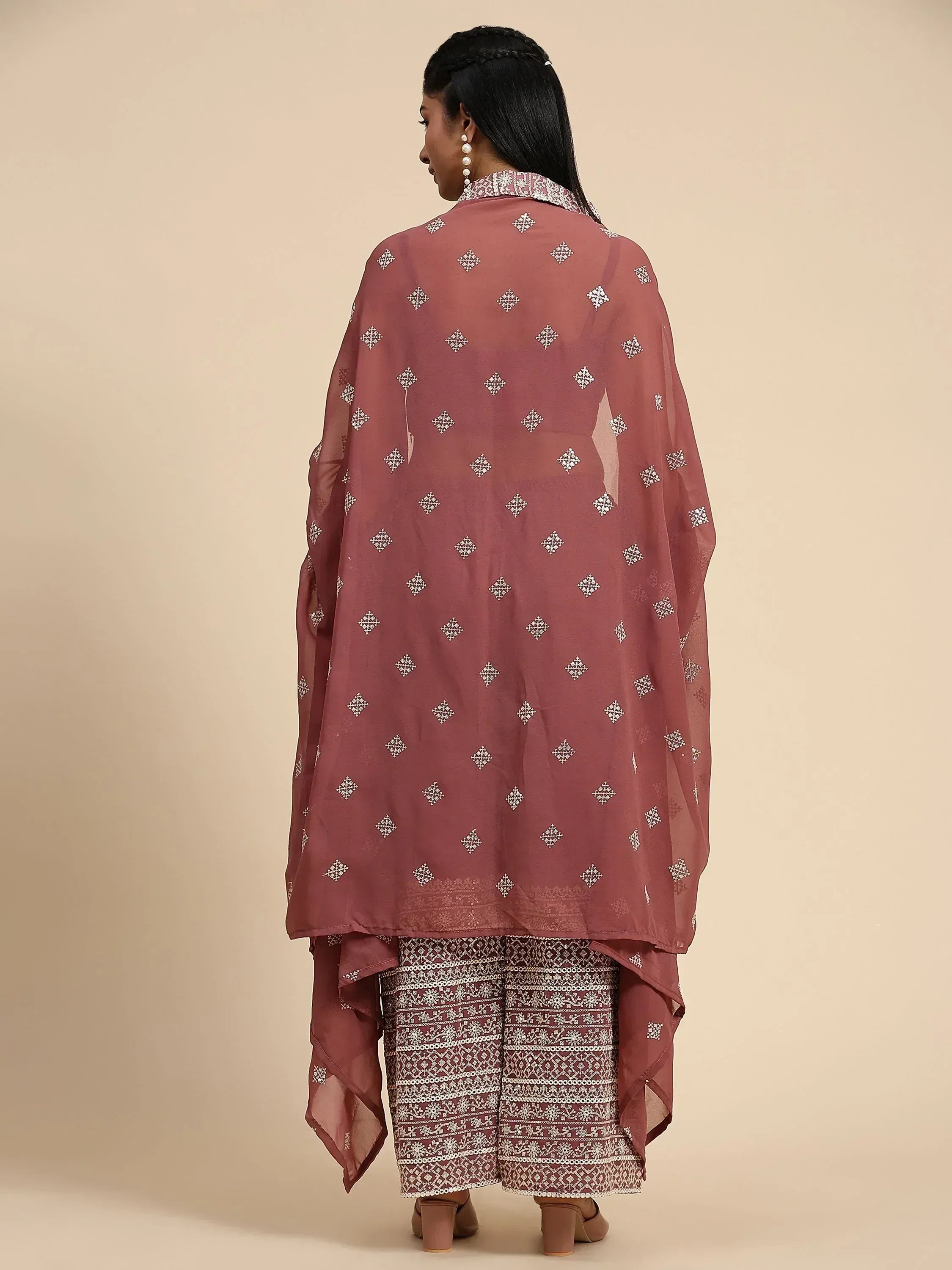 Woman in mauve embroidered dupatta and matching palazzo suit, back view, Indian ethnic wear