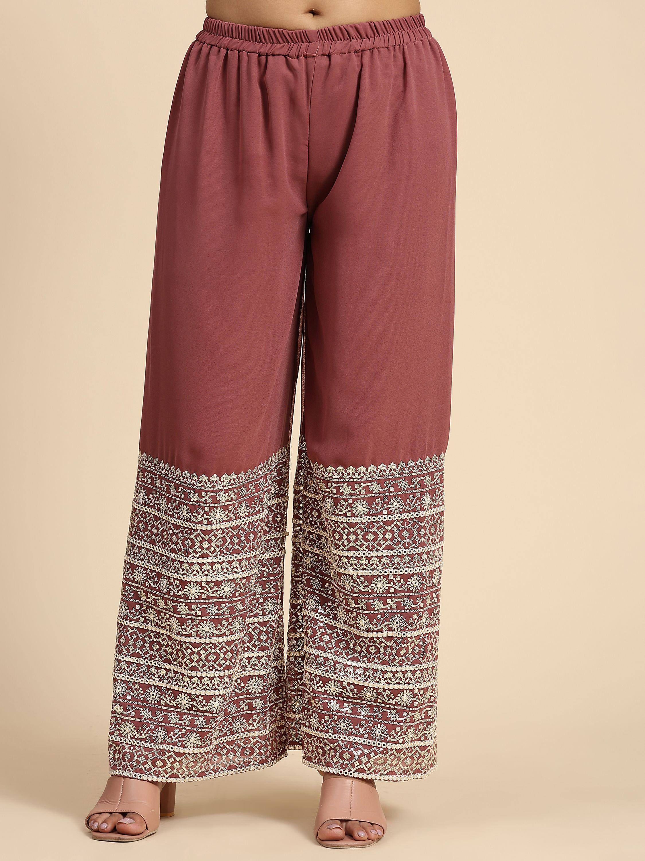 Maroon wide leg palazzo pants with gold embroidered ethnic patterns at the bottom