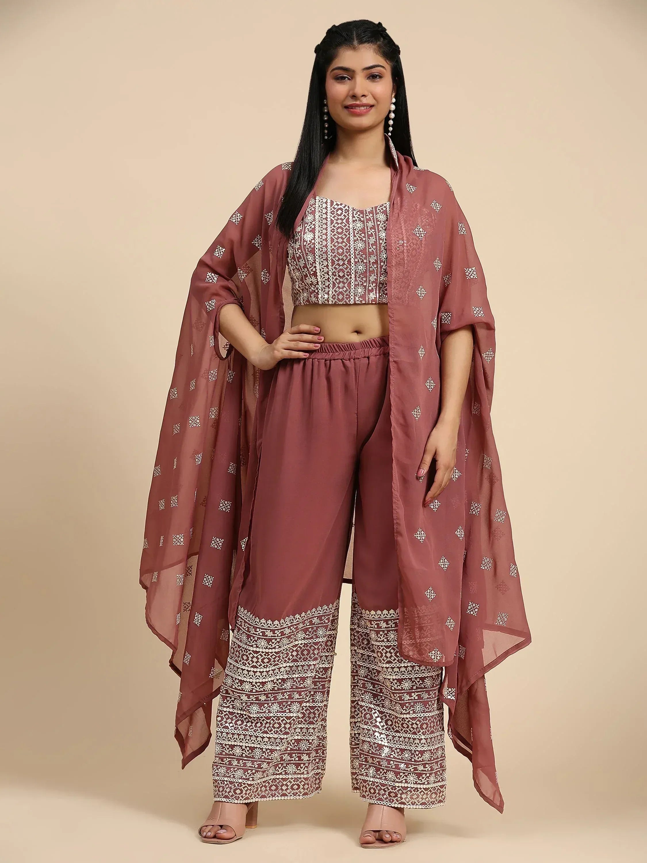 Woman wearing mauve embroidered ethnic co-ord set with dupatta and wide-leg pants