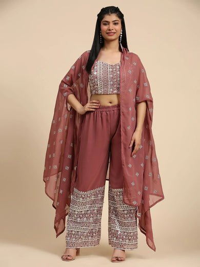 Captivating Rosy Brown Georgette Function Wear Palazzo Top With Shrug