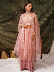 Beautiful Peach Crepe Embroidered Party Wear Palazzo Top With Shrug