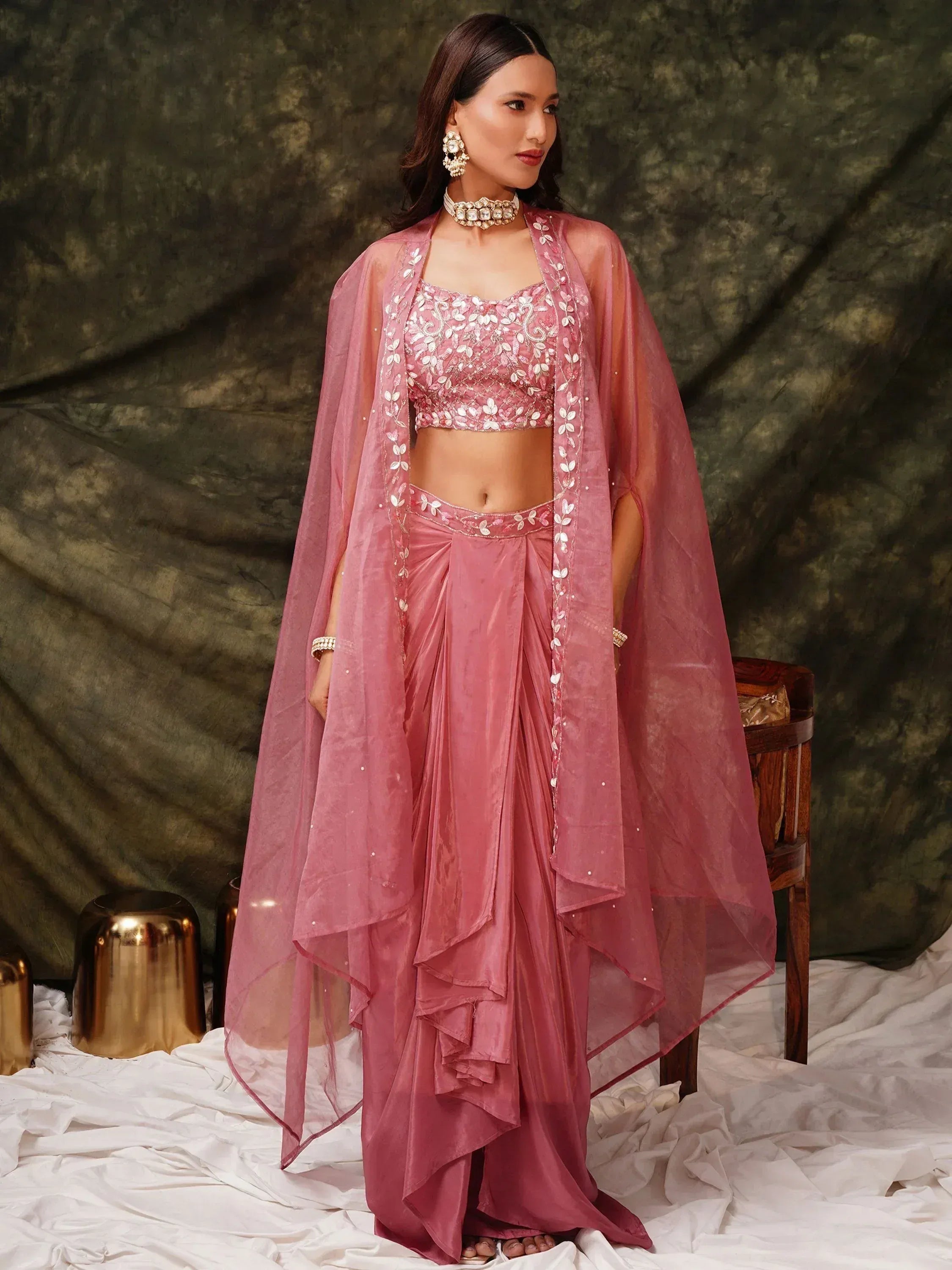 Pink embroidered lehenga choli with sheer cape, Indian ethnic wear for weddings and parties