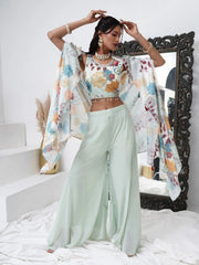 Attractive Aqua Blue Georgette Event Wear Crop Top Palazzo With Shrug