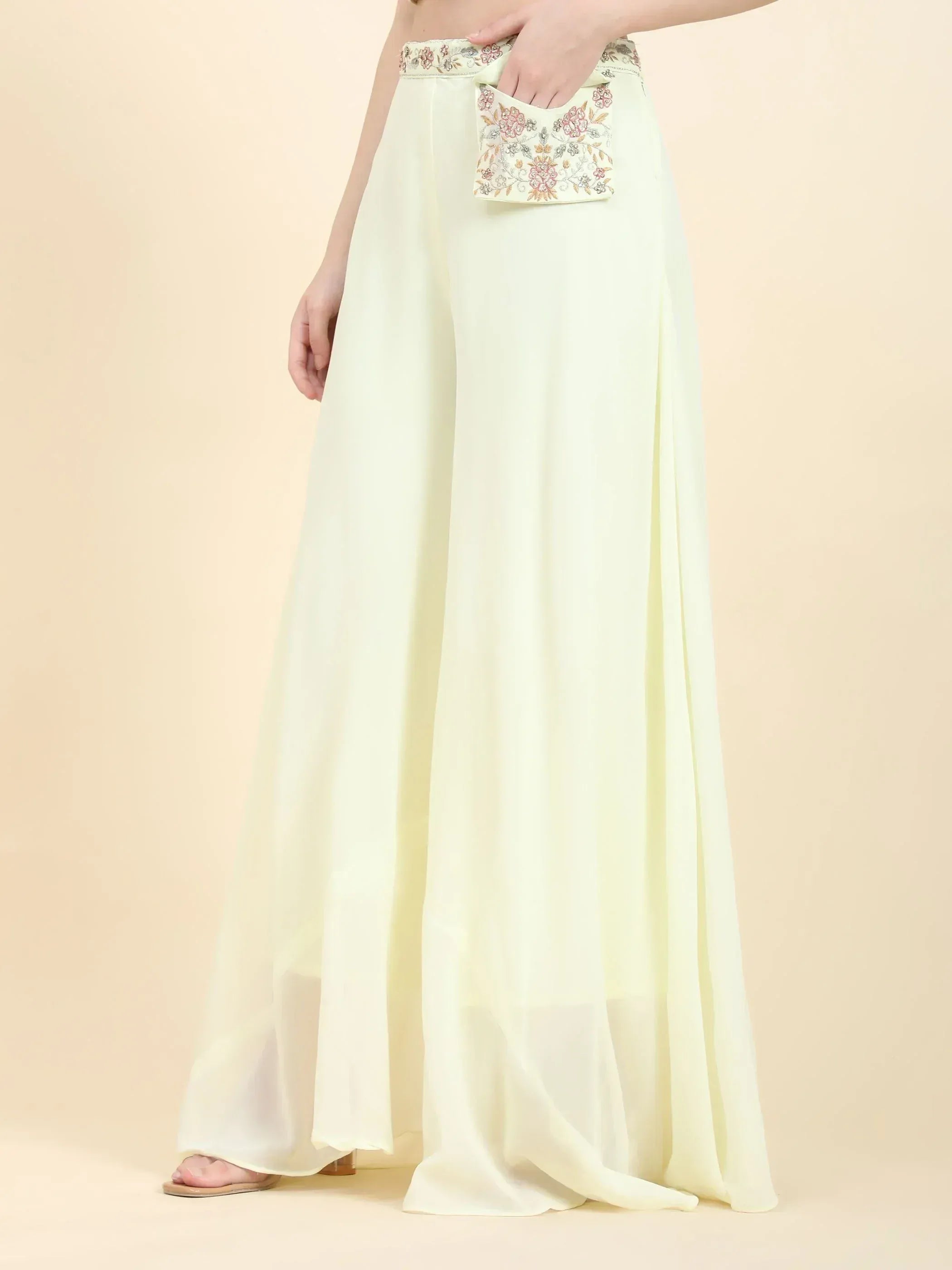 Light yellow palazzo pants with floral embroidered belt and matching pouch, Indian ethnic wear