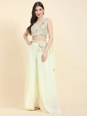Lovely Light Yellow Mirror Work Georgette Crop Top With Palazzo