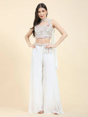 Sweet White Mirror Work Georgette Event Wear Crop Top Palazzo Set