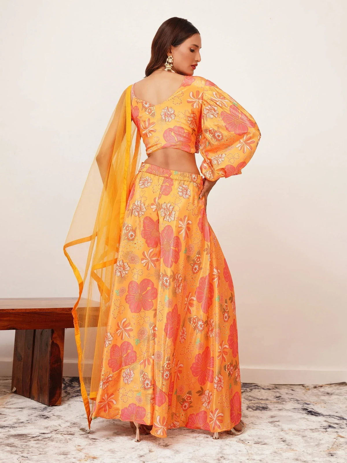 Yellow floral lehenga choli with puff sleeves and matching dupatta, Indian ethnic wear