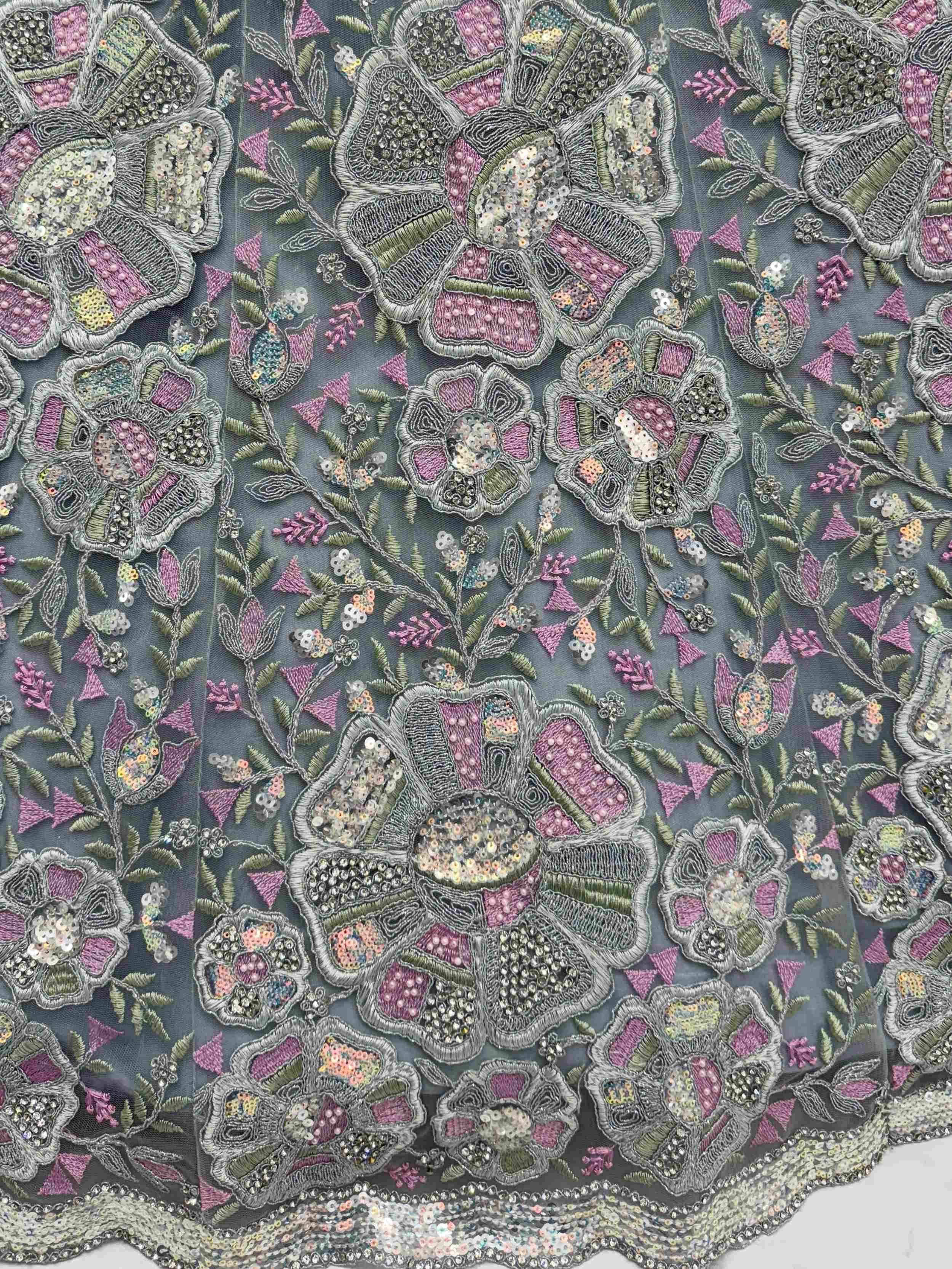 Grey floral embroidered fabric with sequins and beads for Indian ethnic wear