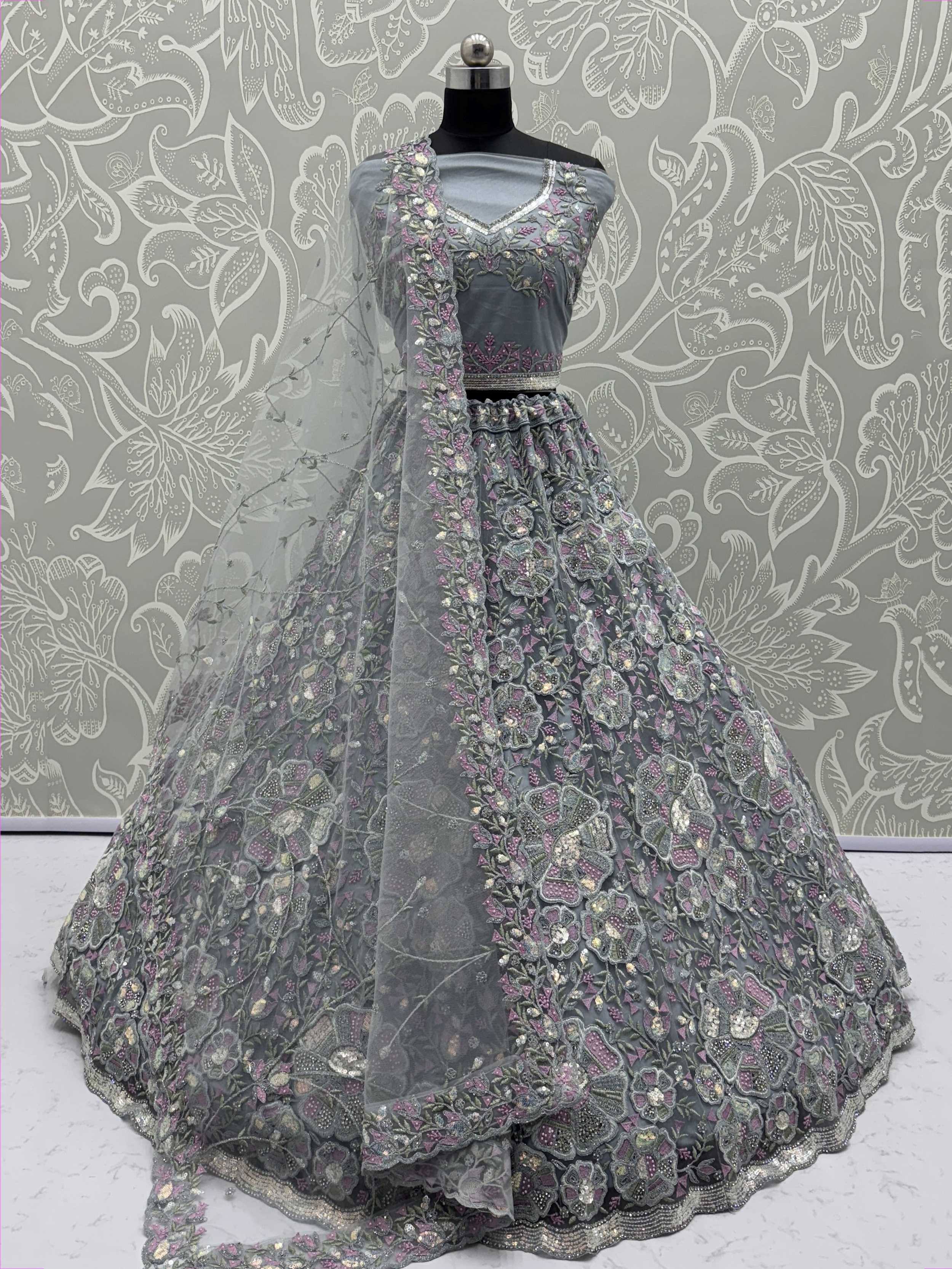 Grey floral embroidered lehenga choli with net dupatta, Indian ethnic wear for weddings and parties