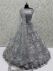 Classy Grey Floral Embroidered Net Lehenga Choli With Dupatta